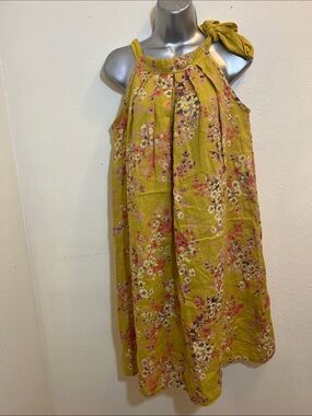 Floral Halter Midi Dress in Mustard Yellow 100% Linen .100% Cotton Size S